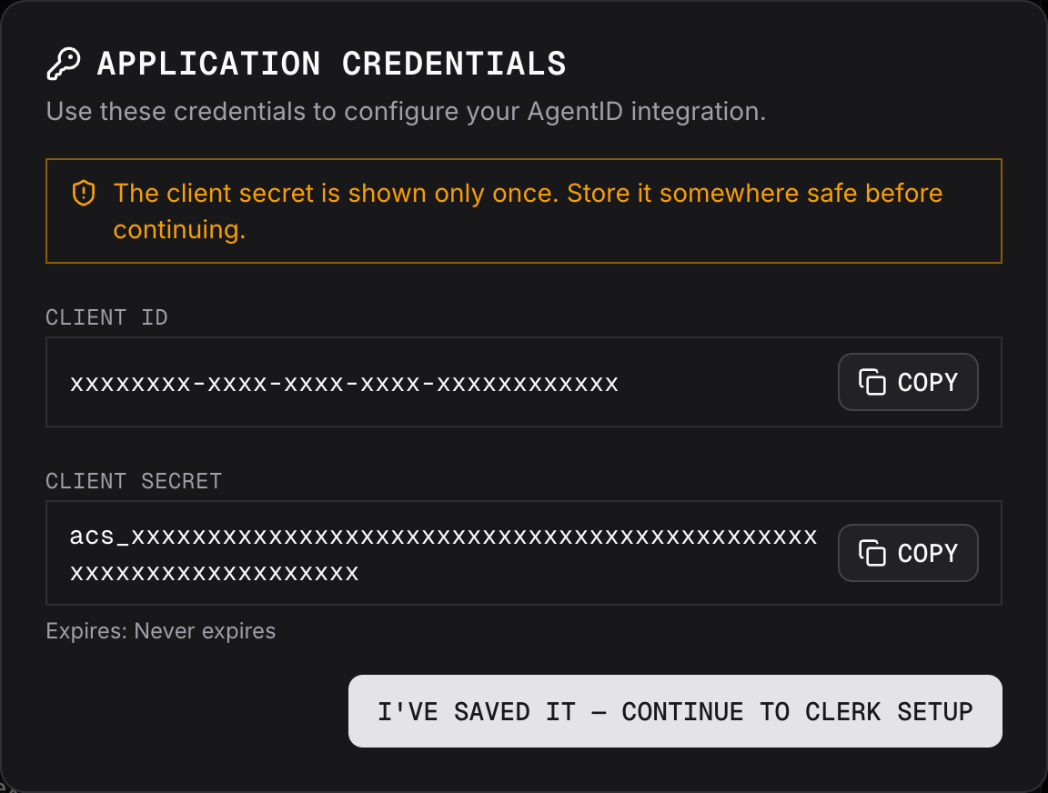 The AgentID console's Application credentials window with copy buttons for the client ID and client secret.