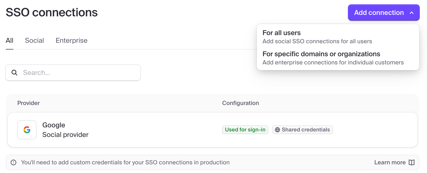 Clerk's SSO connections page with the Add connection menu open on For all users.