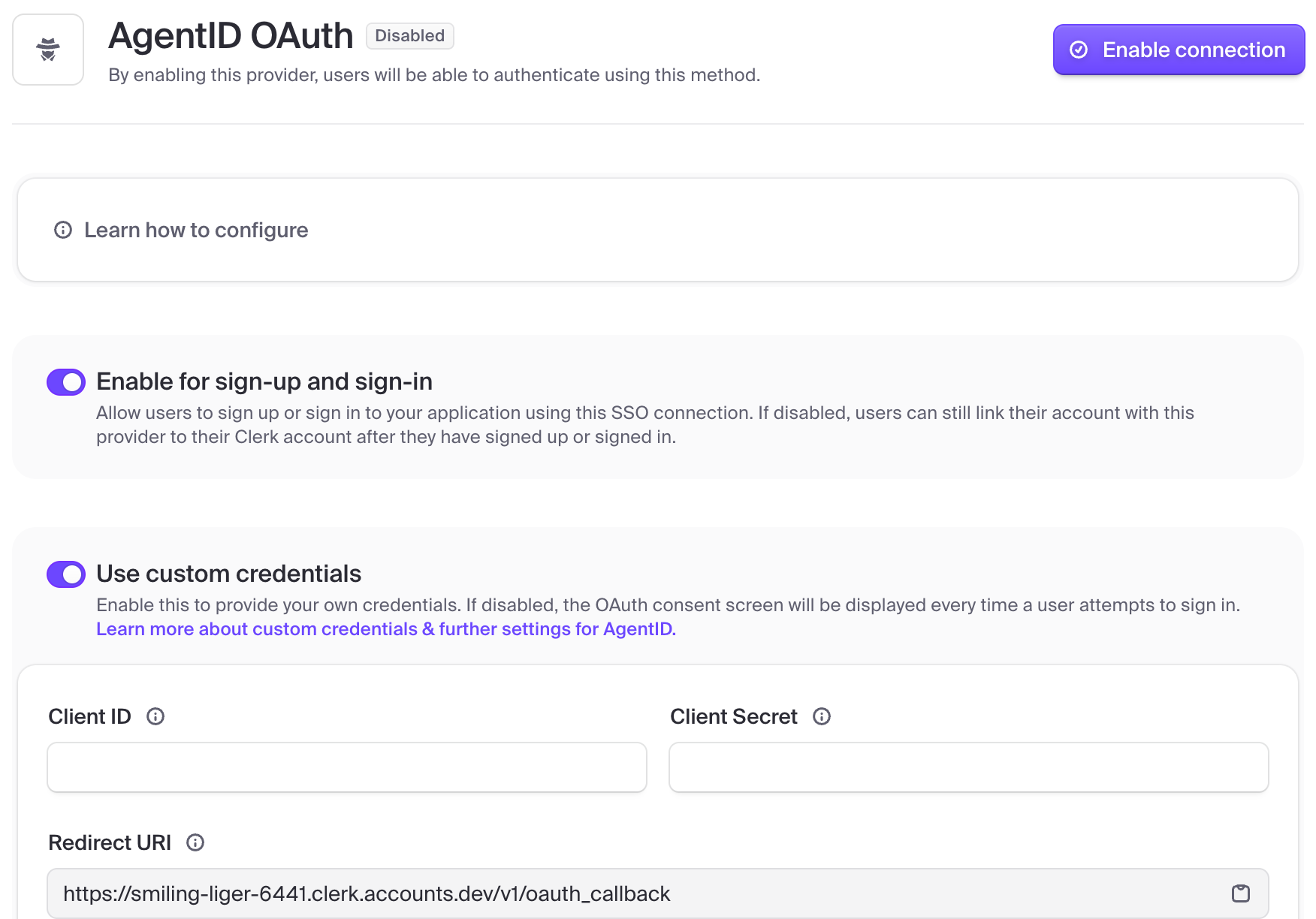 Clerk's AgentID OAuth page with Enable for sign-up and sign-in and Use custom credentials switched on, empty Client ID and Client Secret fields, and the Redirect URI with a copy button.