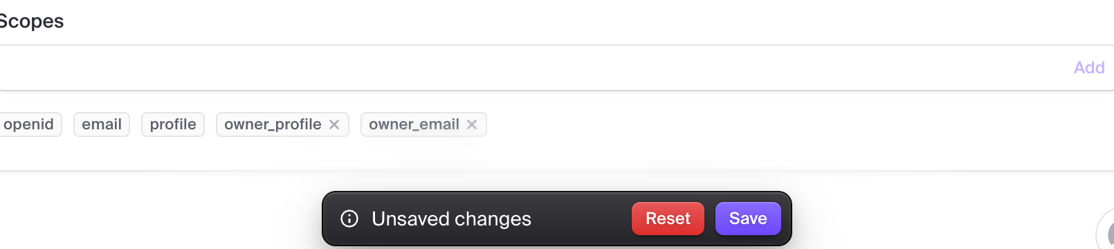Clerk's Scopes field with openid, email and profile, plus owner_profile and owner_email added, and the Save bar.