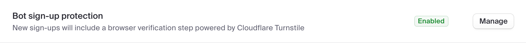 Clerk's Bot sign-up protection rule, powered by Cloudflare Turnstile, with its Manage button.