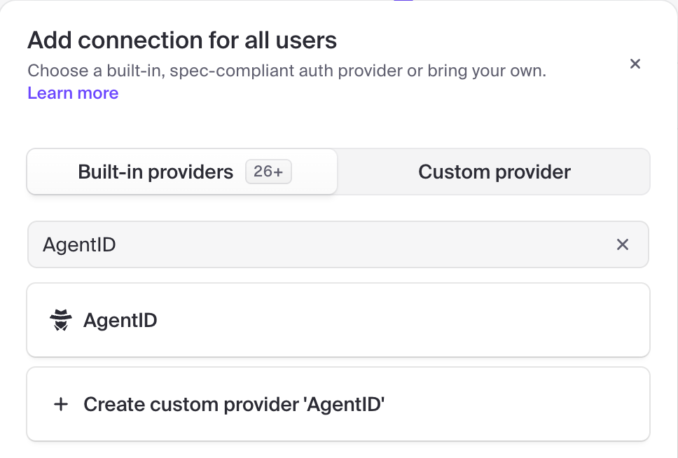 Clerk's Add connection for all users panel, searched for AgentID, with the built-in AgentID provider above the Create custom provider option.