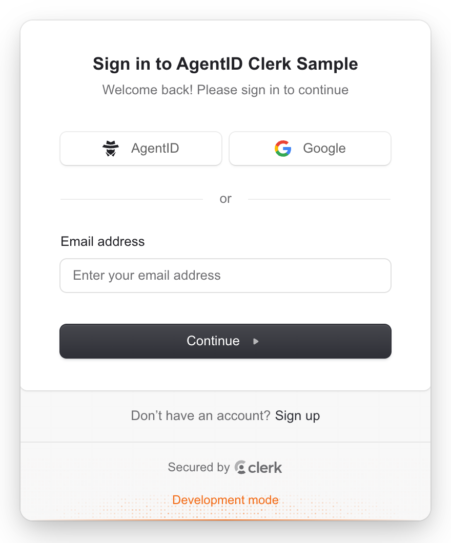 A Clerk sign-in page with AgentID and Google buttons above the email field.