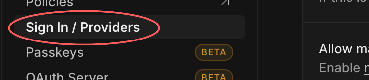 Supabase's authentication sidebar with Sign In / Providers circled, above Passkeys and OAuth Server entries marked beta.