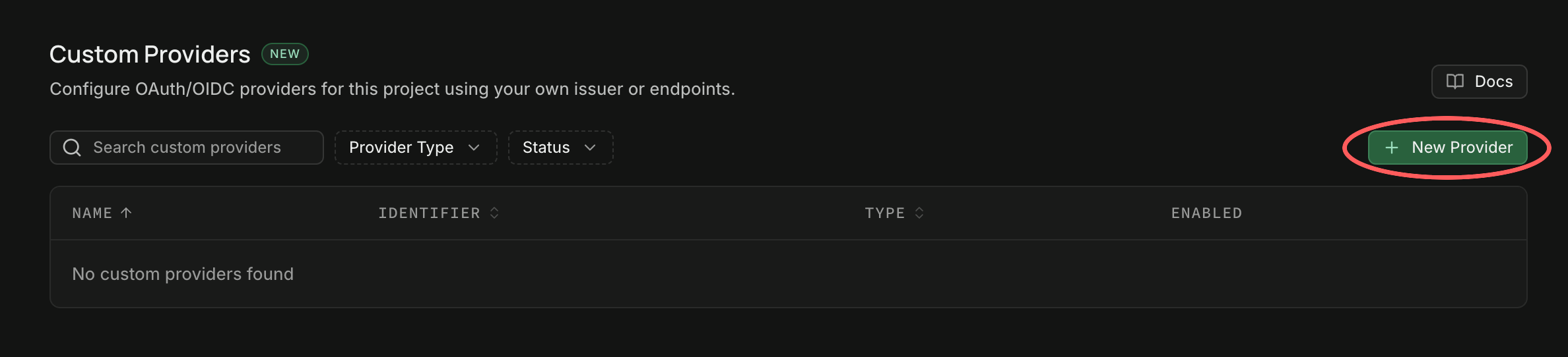 Supabase's Custom Providers panel with no providers yet, showing search and filter controls and a New Provider button circled.