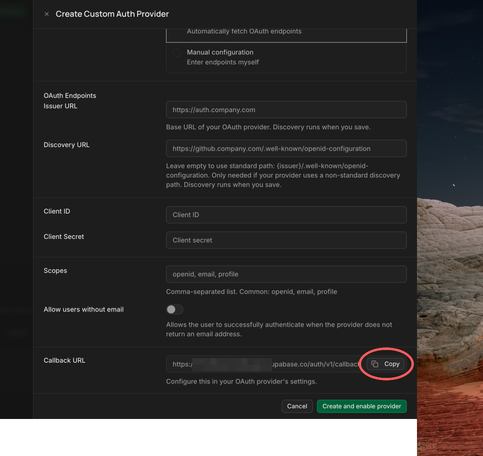 The bottom of Supabase's create provider form, showing the Scopes field, an Allow users without email toggle, and the project callback URL with its copy button circled.