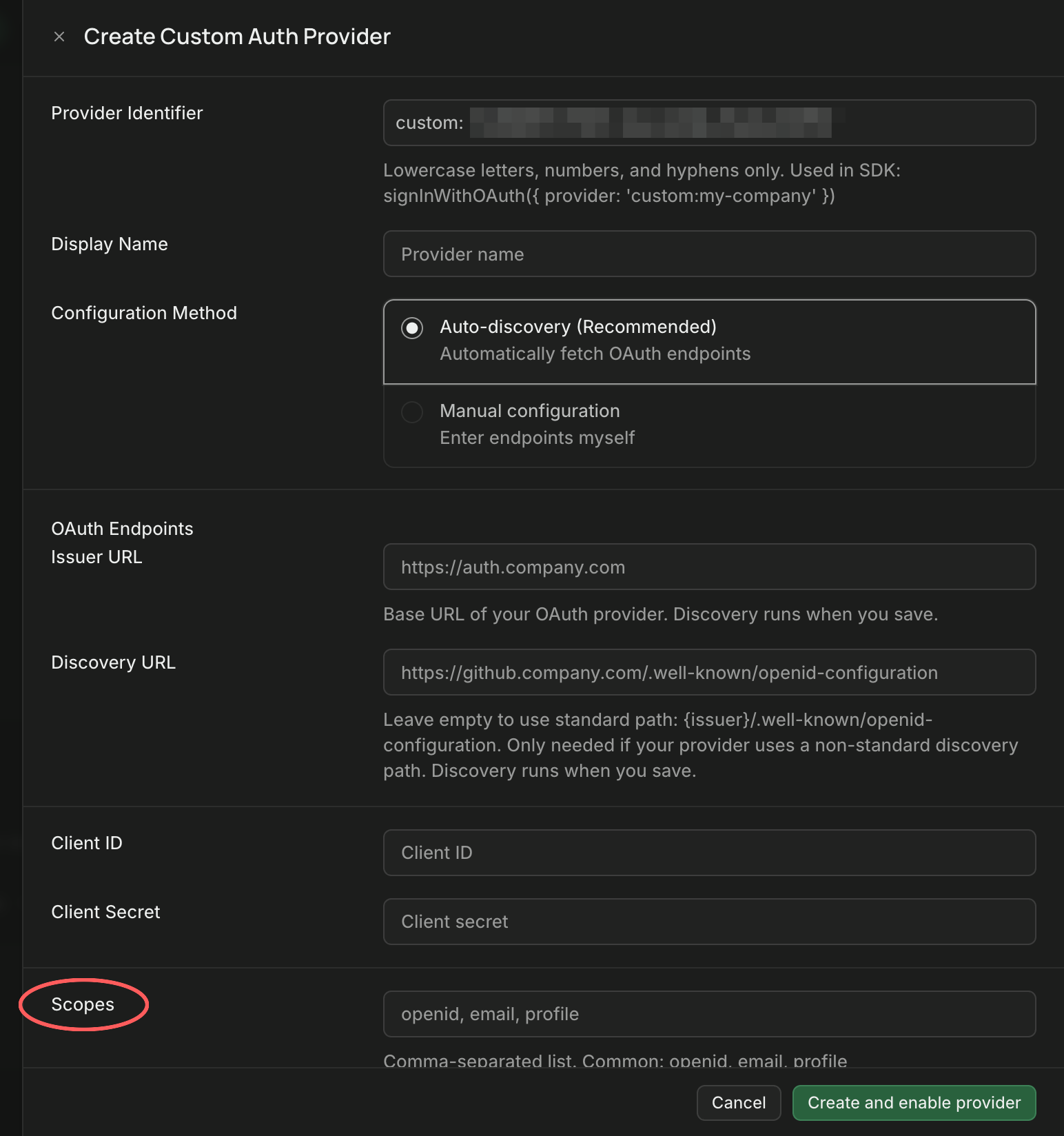 Supabase's Create Custom Auth Provider dialog, showing the provider identifier with its custom: prefix, display name, auto-discovery selected, issuer and discovery URL fields, client ID and secret, and the Scopes row circled at the bottom.