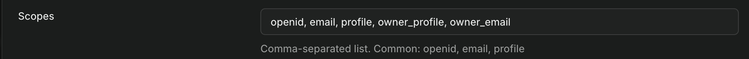 The Scopes field in Supabase's create provider form, filled with openid, email, profile, owner_profile, owner_email, above a hint reading Comma-separated list. Common: openid, email, profile.