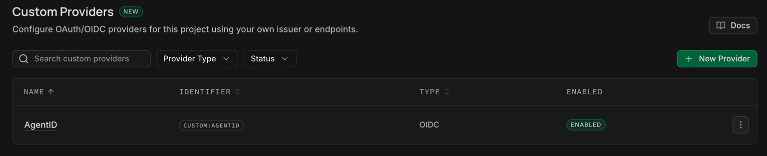 Supabase's Custom Providers list with one row: name AgentID, identifier CUSTOM:AGENTID, type OIDC, status Enabled.